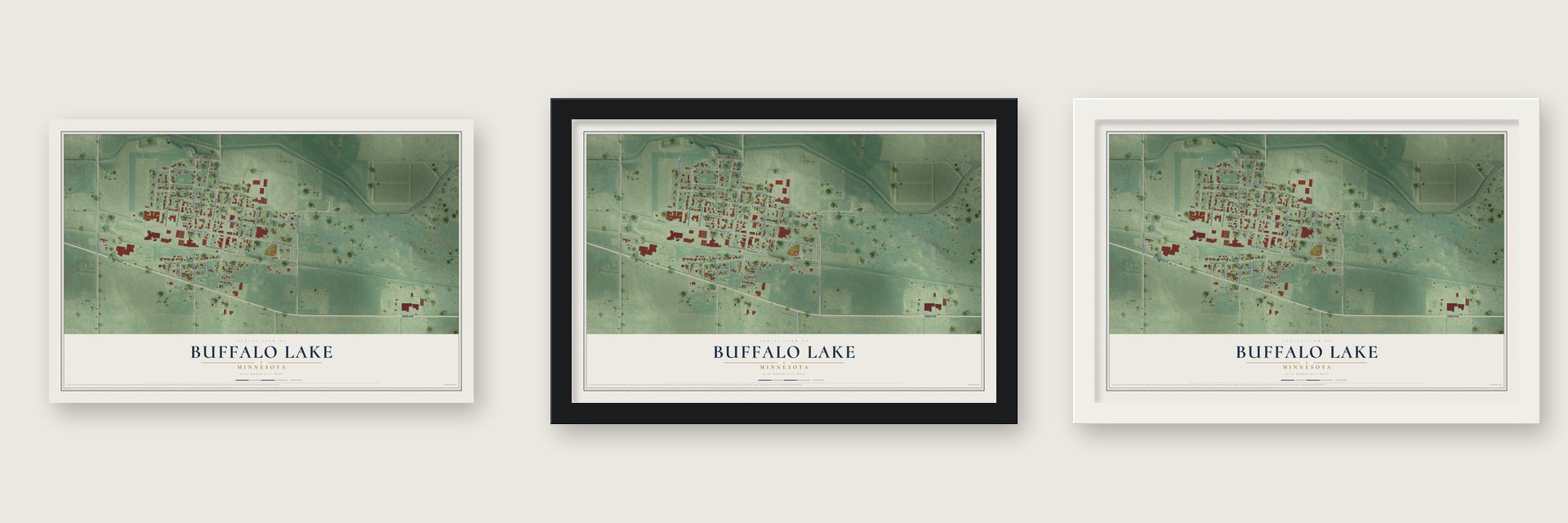 Buffalo Lake, Minnesota map unframed, in a black wood frame and in a white wood frame