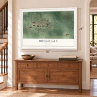 Buffalo Lake, Minnesota map, 24 x 36 inch print in a white frame above a dresser by a staircase