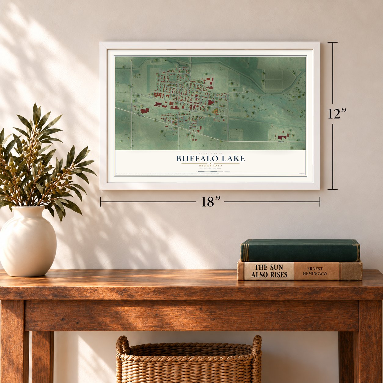 Buffalo Lake, Minnesota map, 12 x 18 inch print in a white frame in an entryway