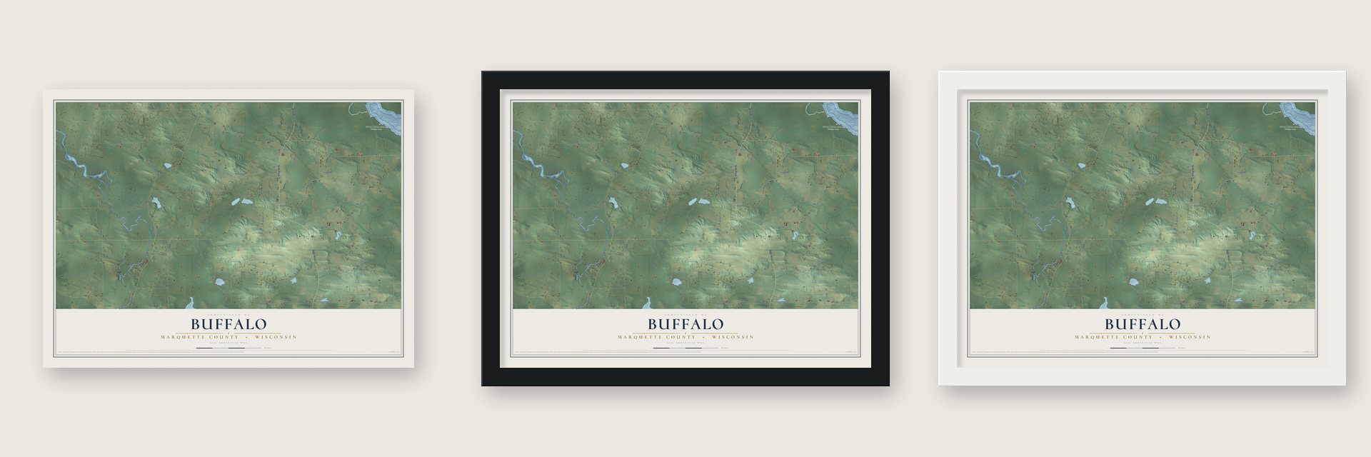 Buffalo, Marquette County, Wisconsin map unframed, in a black wood frame and in a white wood frame