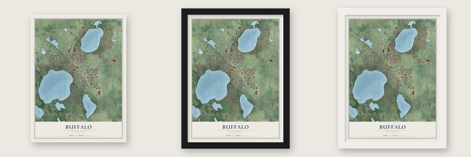 Buffalo, Minnesota map unframed, in a black wood frame and in a white wood frame
