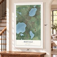 Buffalo, Minnesota map, 24 x 36 inch print in a white frame by a staircase