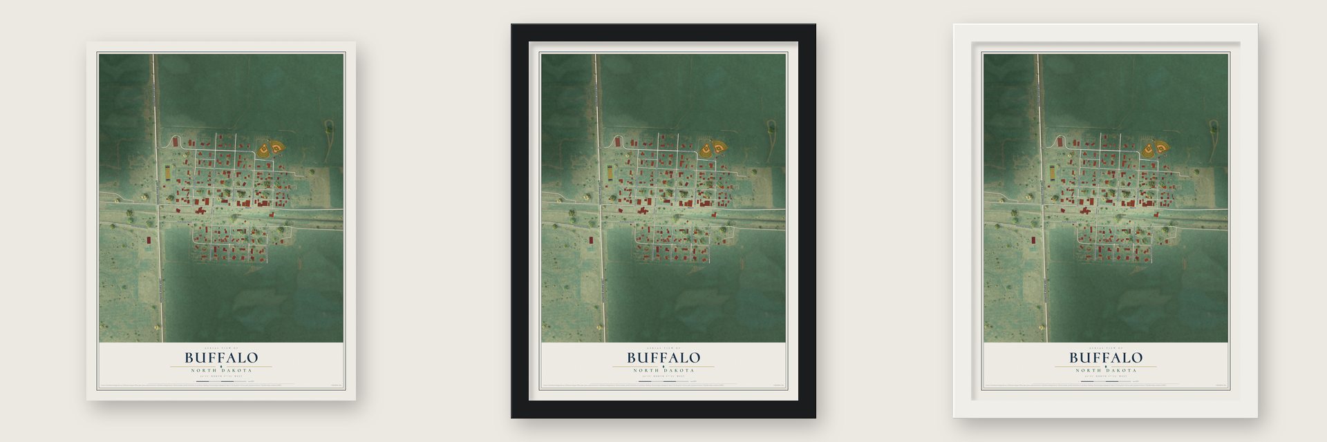 Buffalo, North Dakota map unframed, in a black wood frame and in a white wood frame