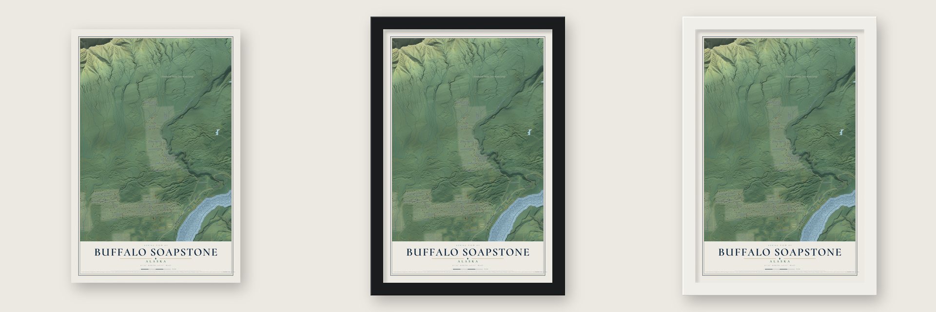 Buffalo Soapstone, Alaska map unframed, in a black wood frame and in a white wood frame