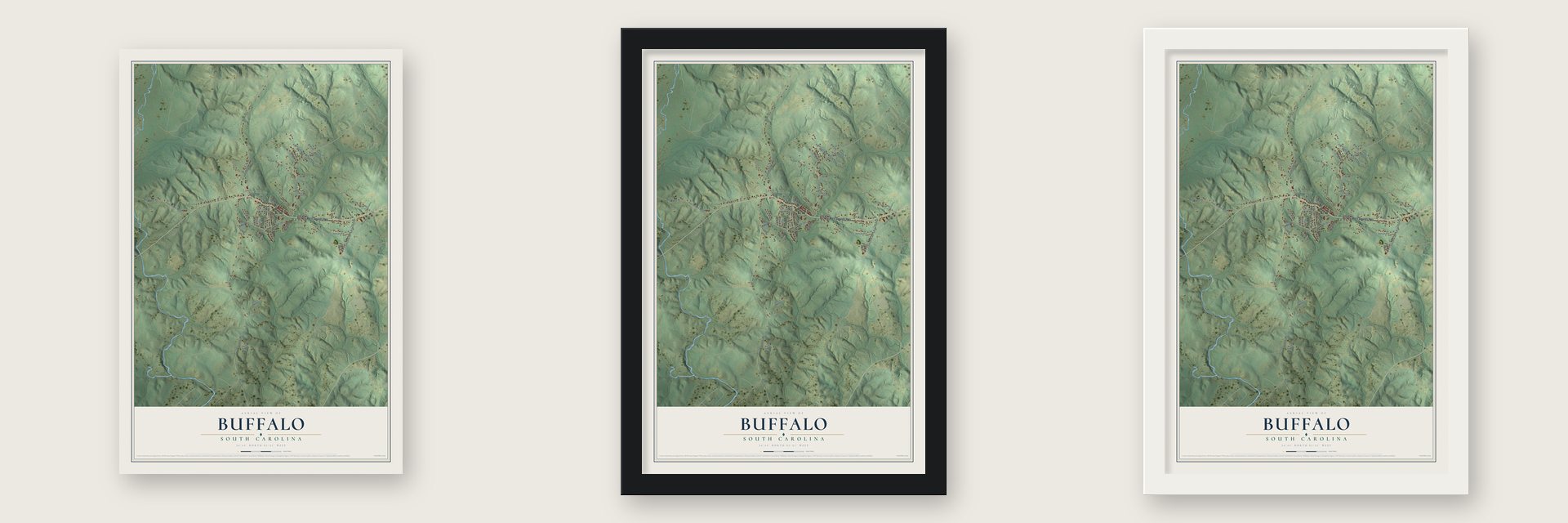 Buffalo, South Carolina map unframed, in a black wood frame and in a white wood frame