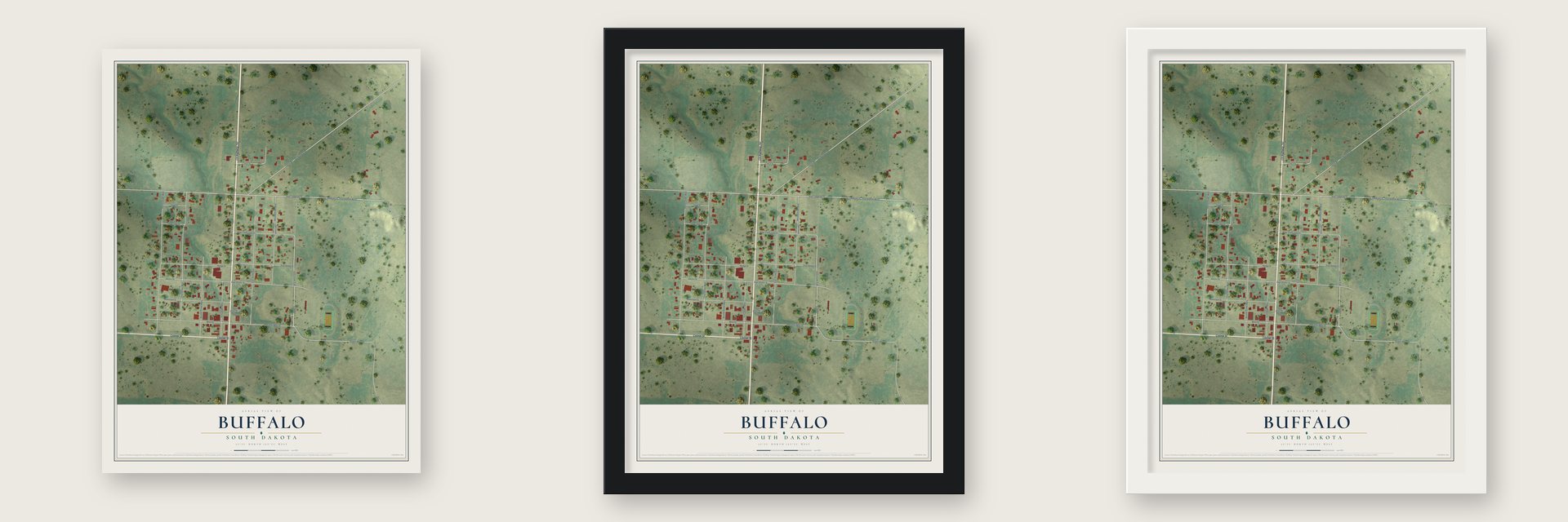 Buffalo, South Dakota map unframed, in a black wood frame and in a white wood frame