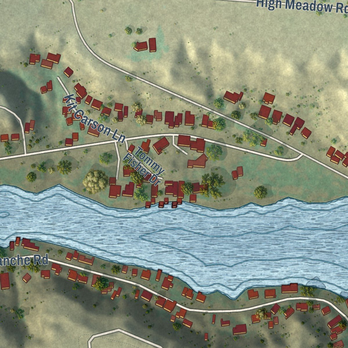 Second close-up of the map of Buffalo Springs Lake, Texas print showing more streets and buildings