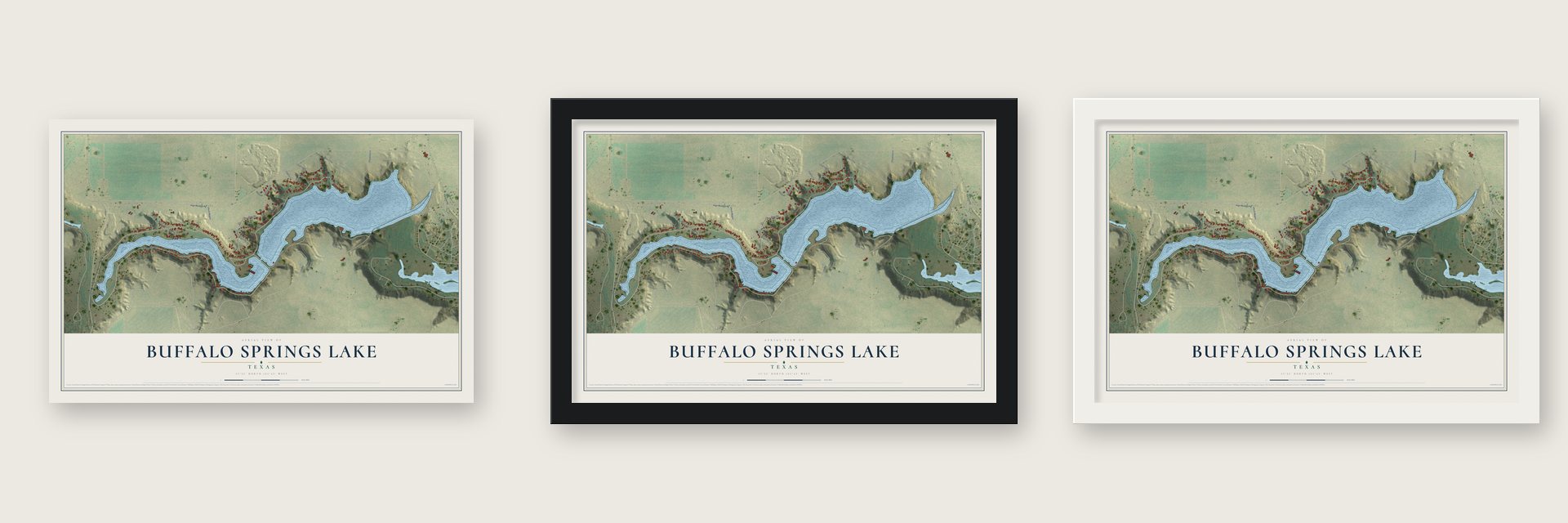 Buffalo Springs Lake, Texas map unframed, in a black wood frame and in a white wood frame