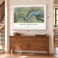 Buffalo Springs Lake, Texas map, 24 x 36 inch print in a white frame above a dresser by a staircase