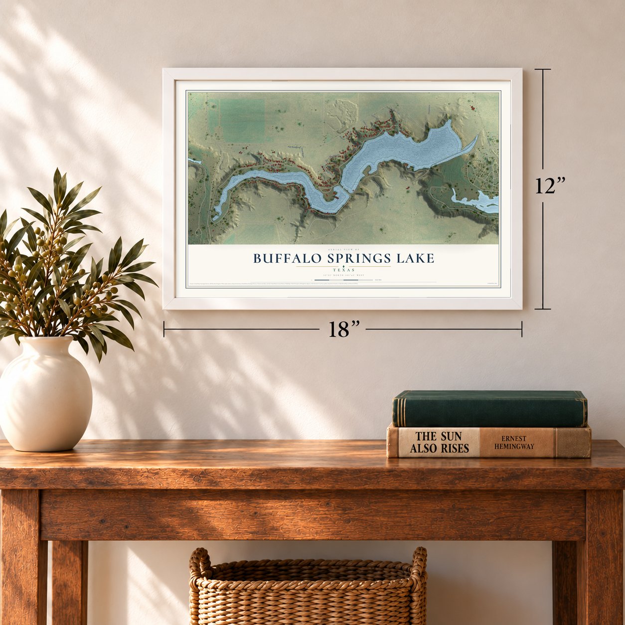 Buffalo Springs Lake, Texas map, 12 x 18 inch print in a white frame in an entryway