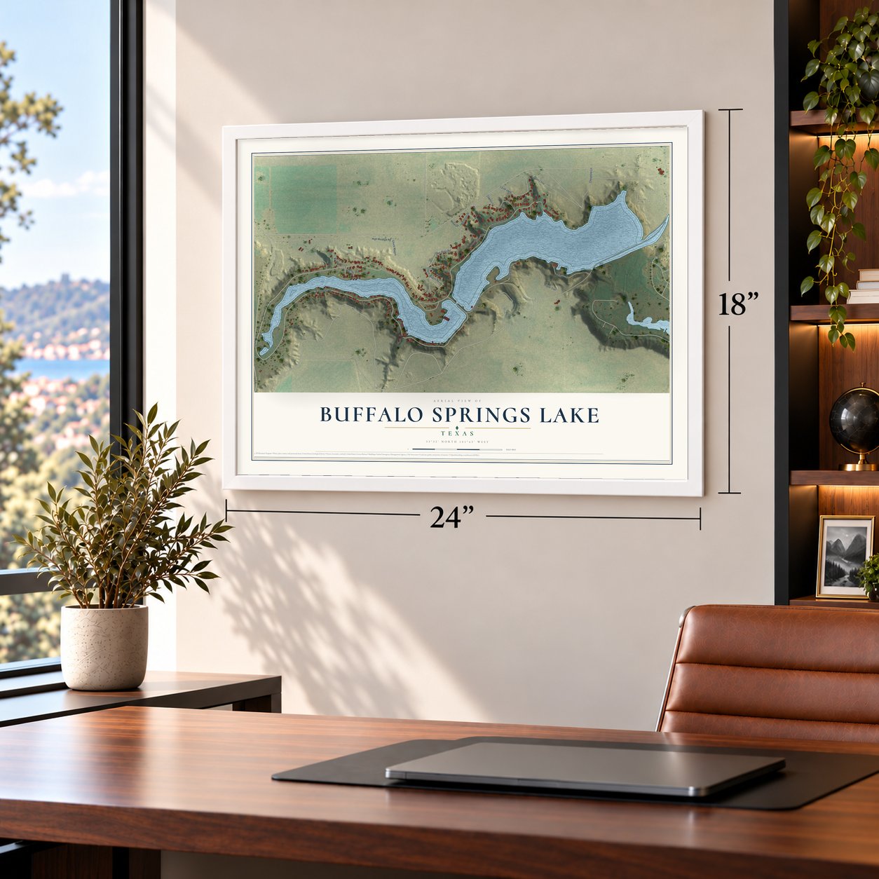 Buffalo Springs Lake, Texas map, 18 x 24 inch print in a white frame in a home office