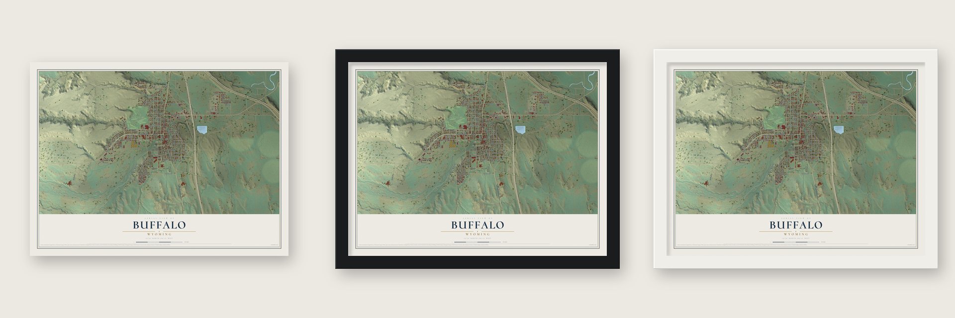Buffalo, Wyoming map unframed, in a black wood frame and in a white wood frame