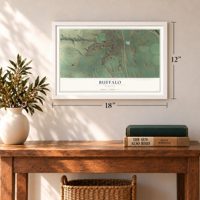 Buffalo, Wyoming map, 12 x 18 inch print in a white frame in an entryway