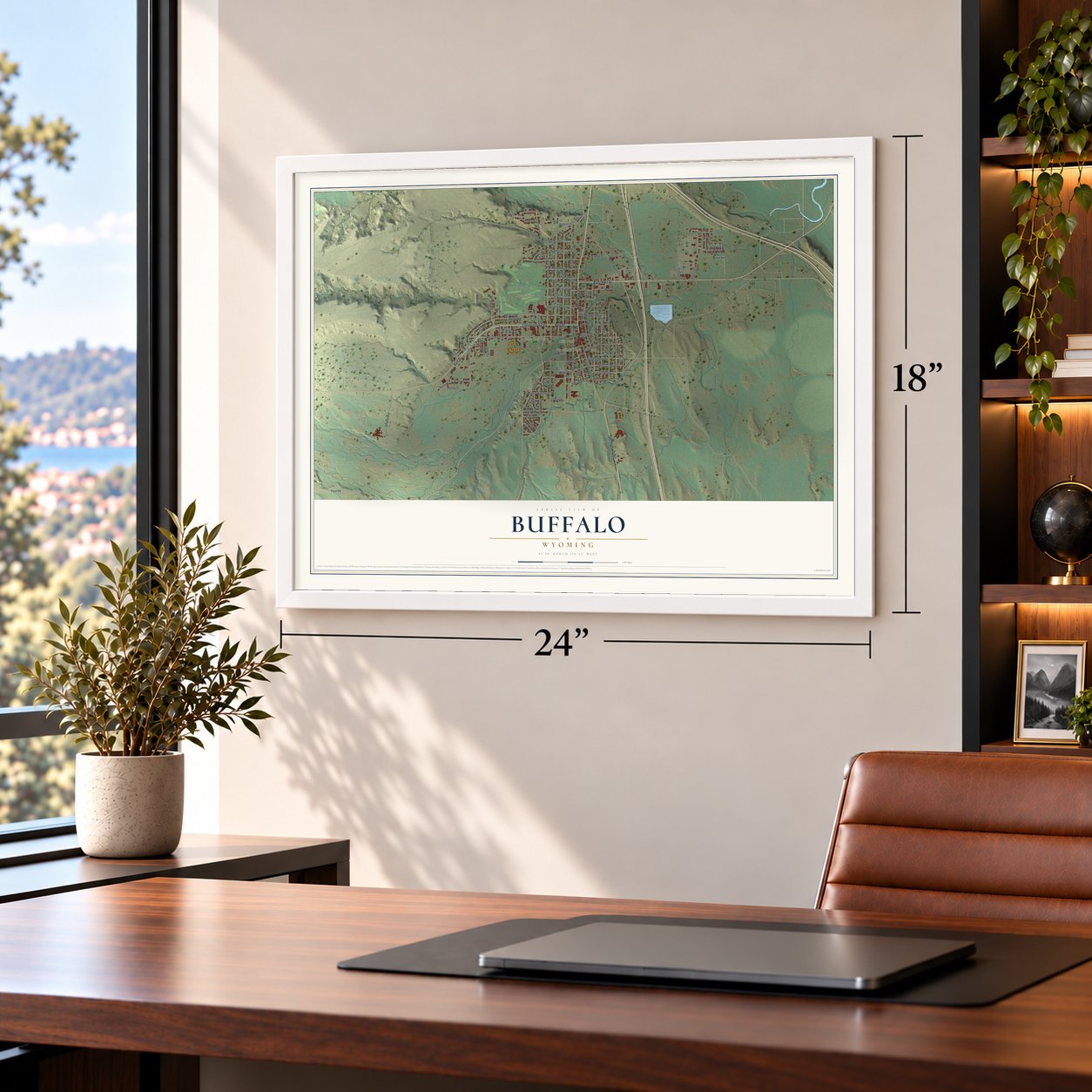 Buffalo, Wyoming map, 18 x 24 inch print in a white frame in a home office