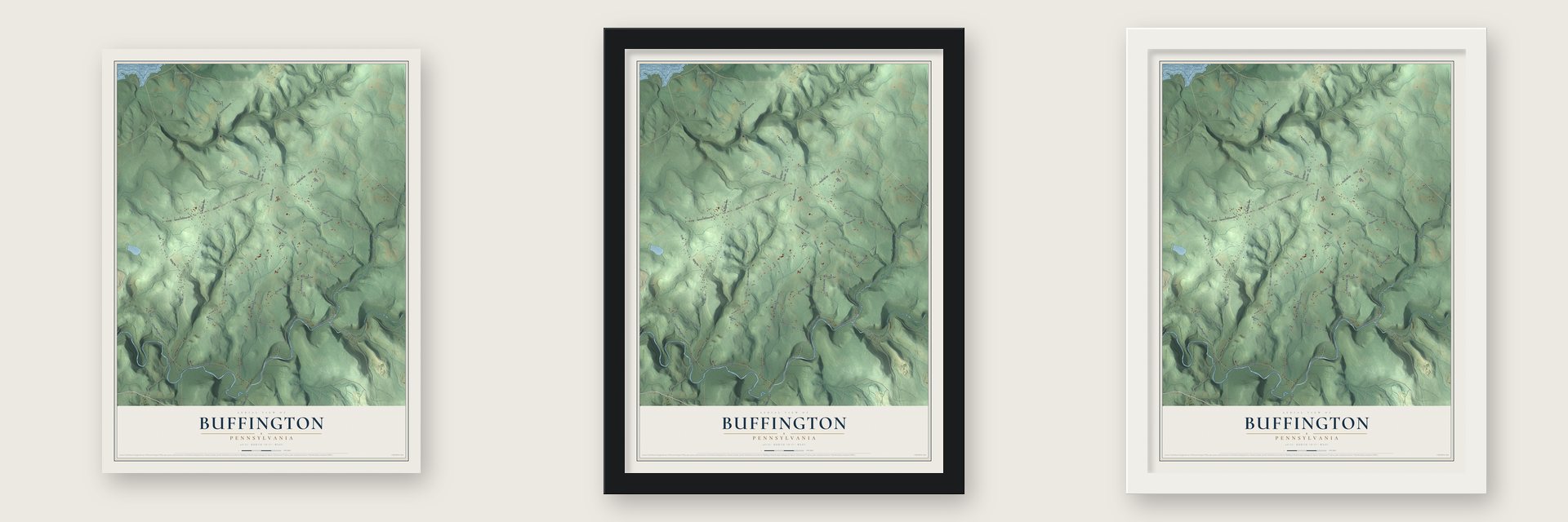 Buffington, Pennsylvania map unframed, in a black wood frame and in a white wood frame
