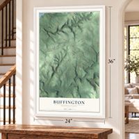 Buffington, Pennsylvania map, 24 x 36 inch print in a white frame by a staircase