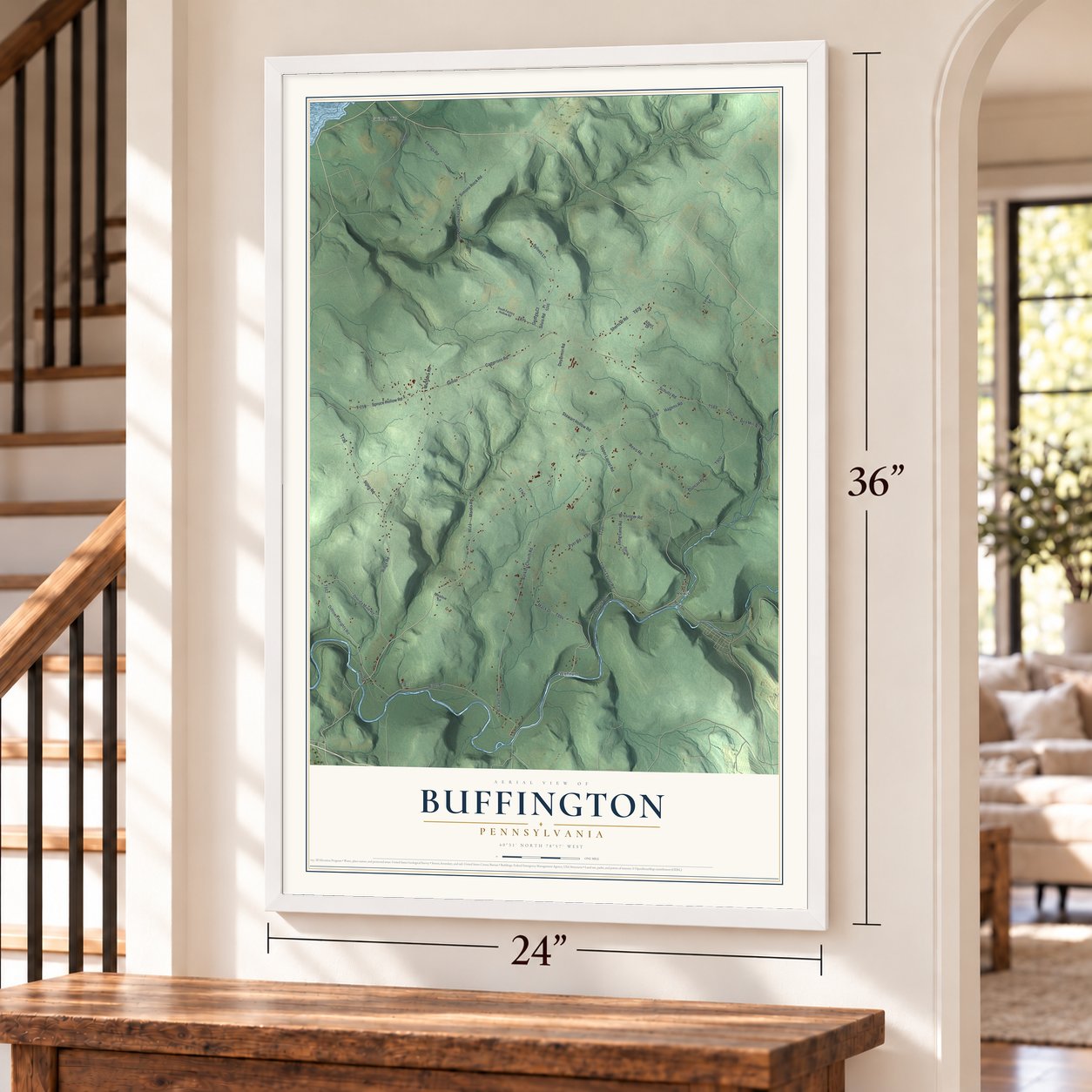 Buffington, Pennsylvania map, 24 x 36 inch print in a white frame by a staircase