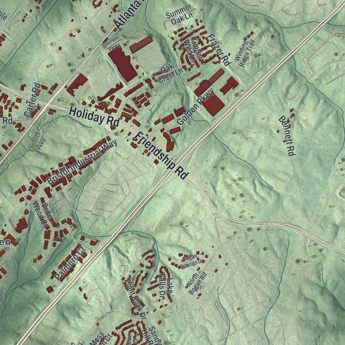 Second close-up of the map of Buford, Georgia print showing more streets and buildings