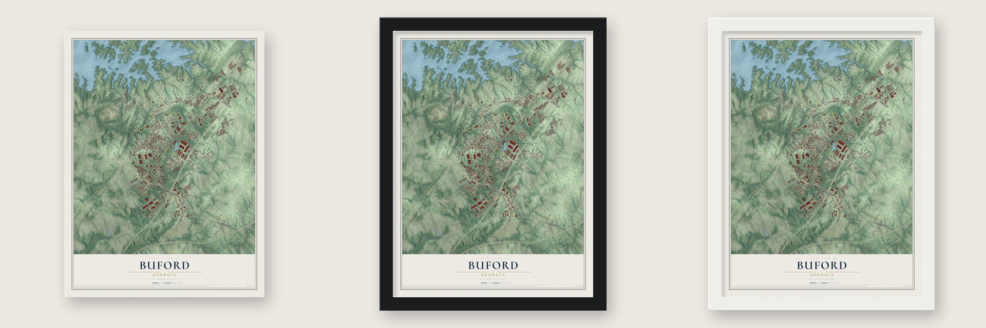 Buford, Georgia map unframed, in a black wood frame and in a white wood frame