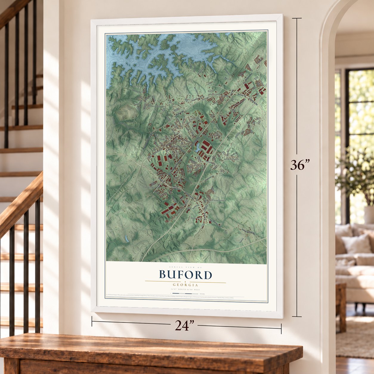 Buford, Georgia map, 24 x 36 inch print in a white frame by a staircase