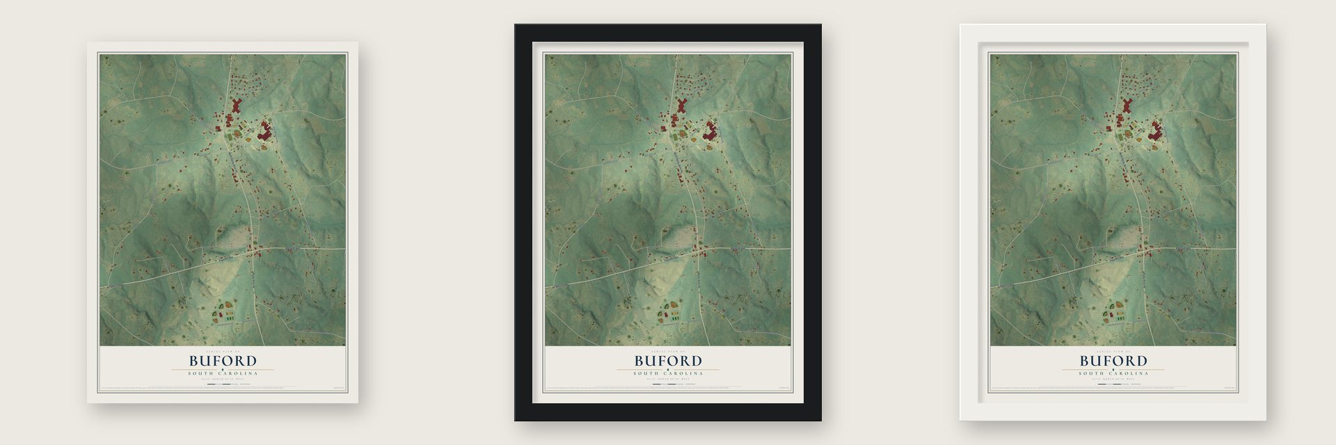 Buford, South Carolina map unframed, in a black wood frame and in a white wood frame