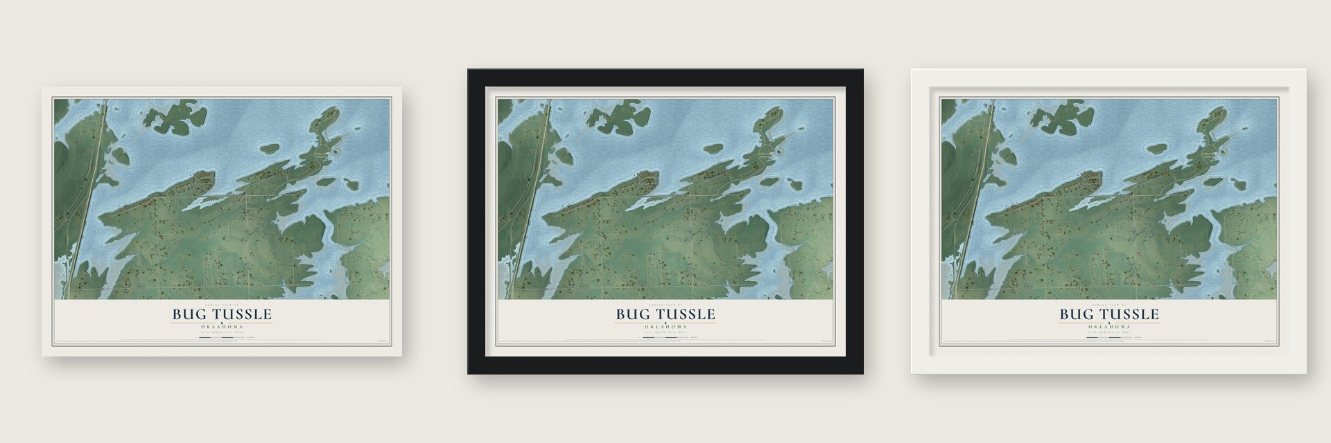 Bug Tussle, Oklahoma map unframed, in a black wood frame and in a white wood frame