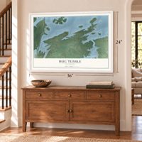 Bug Tussle, Oklahoma map, 24 x 36 inch print in a white frame above a dresser by a staircase