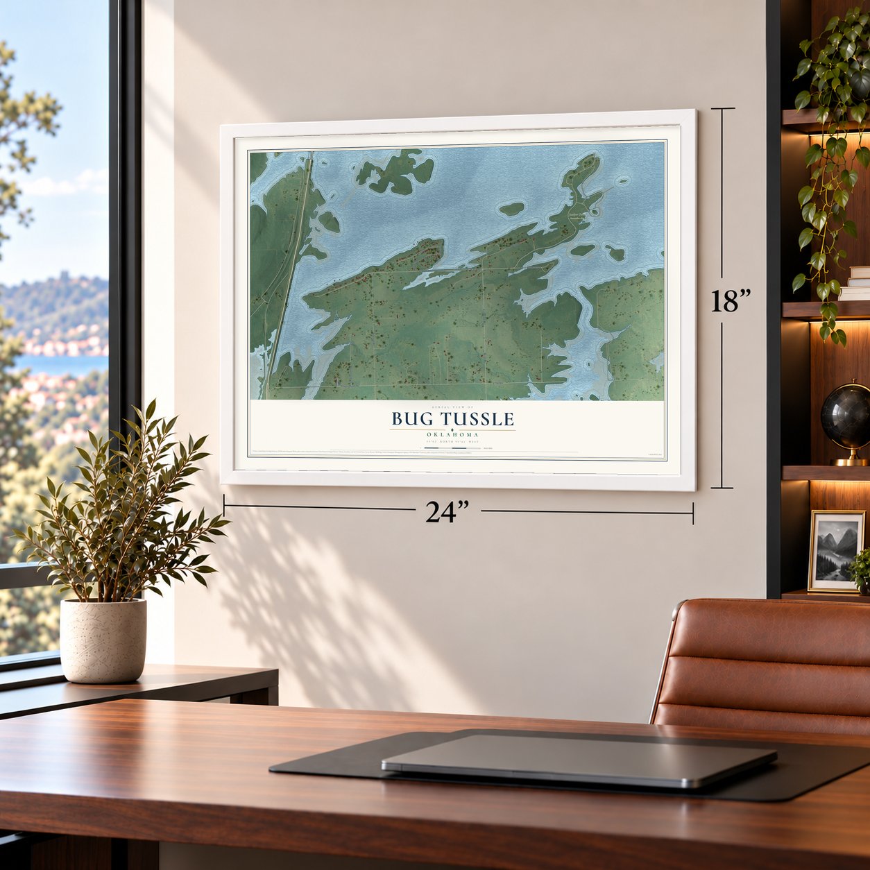 Bug Tussle, Oklahoma map, 18 x 24 inch print in a white frame in a home office
