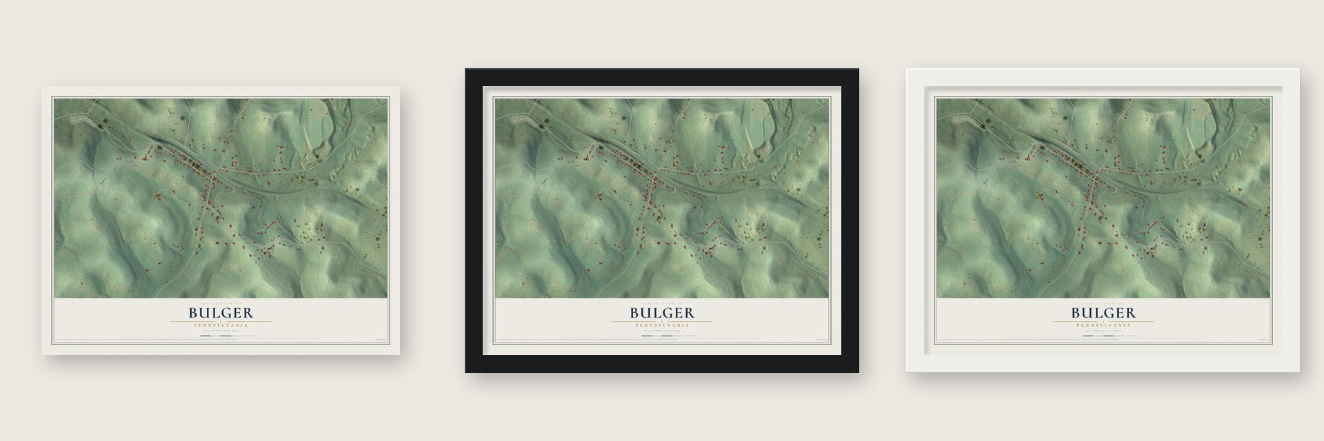 Bulger, Pennsylvania map unframed, in a black wood frame and in a white wood frame