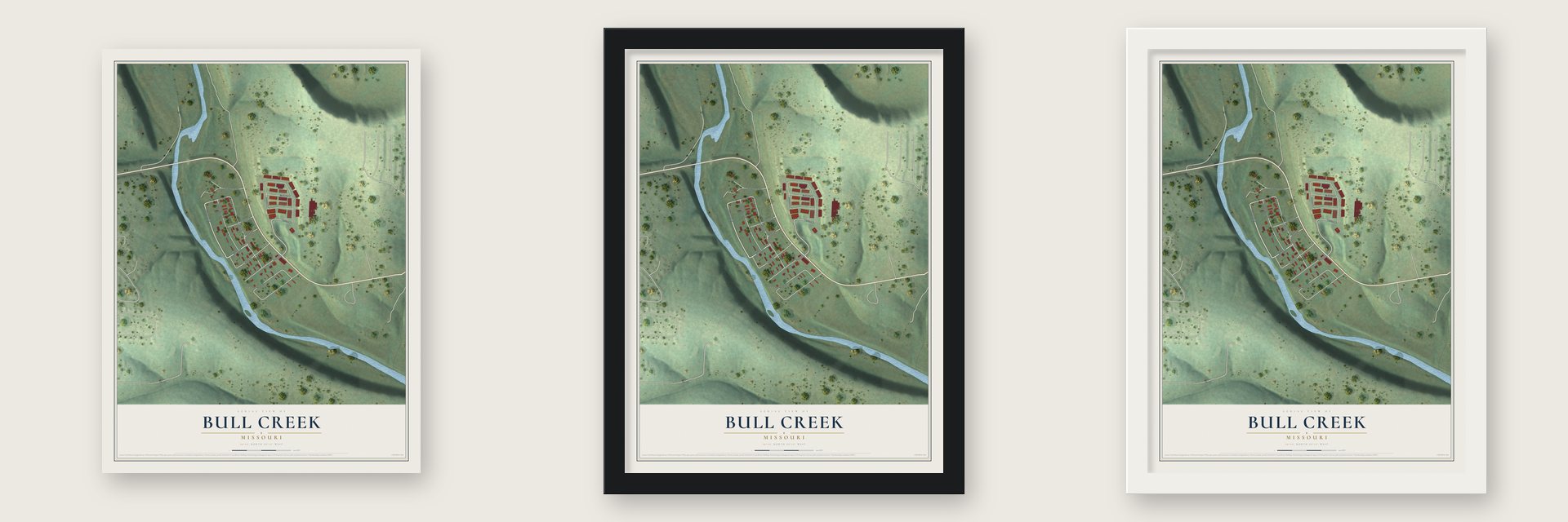 Bull Creek, Missouri map unframed, in a black wood frame and in a white wood frame