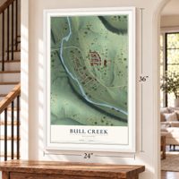 Bull Creek, Missouri map, 24 x 36 inch print in a white frame by a staircase