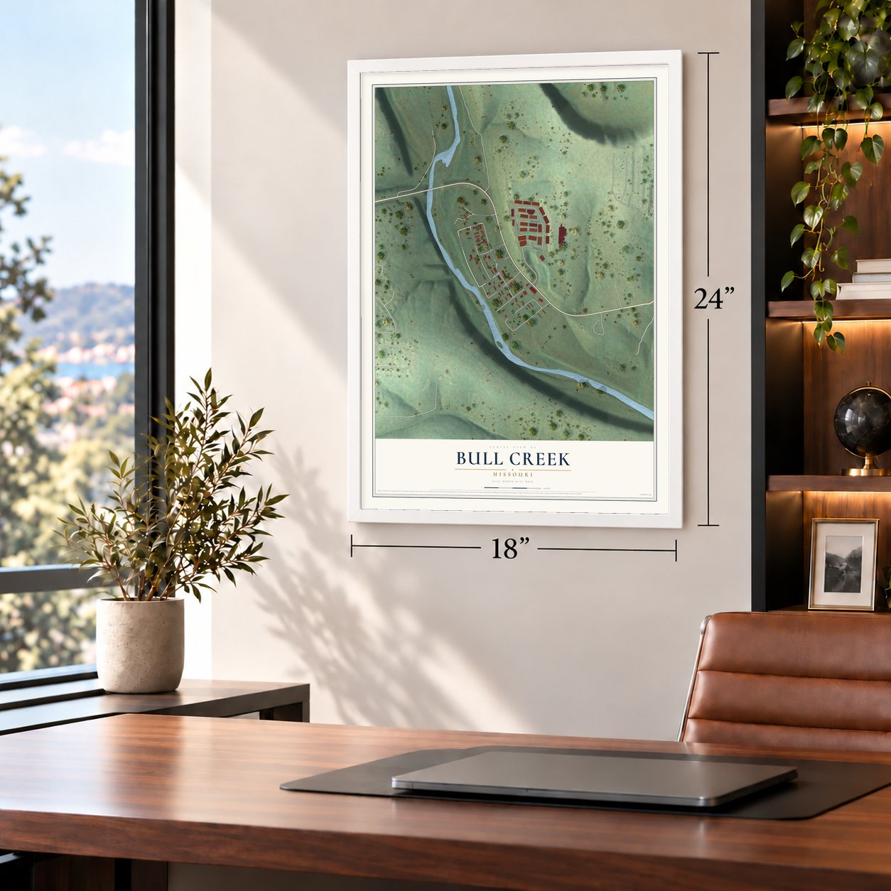 Bull Creek, Missouri map, 18 x 24 inch print in a white frame in a home office