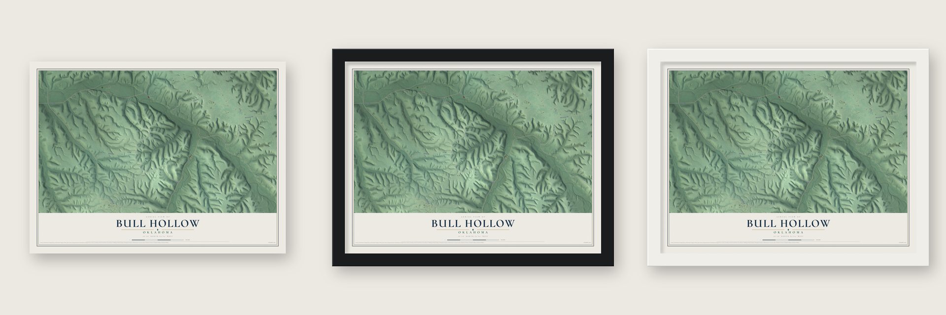 Bull Hollow, Oklahoma map unframed, in a black wood frame and in a white wood frame
