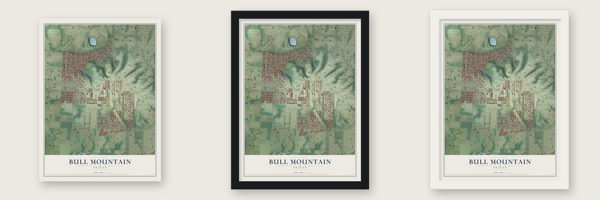 Bull Mountain, Oregon map unframed, in a black wood frame and in a white wood frame