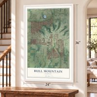 Bull Mountain, Oregon map, 24 x 36 inch print in a white frame by a staircase