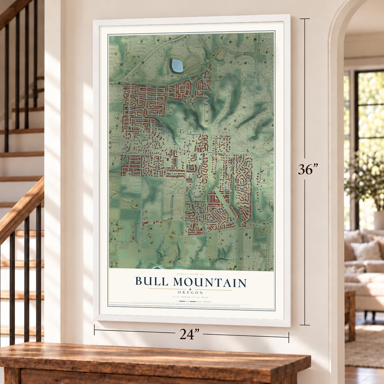 Bull Mountain, Oregon map, 24 x 36 inch print in a white frame by a staircase