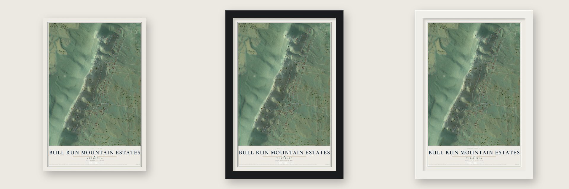Bull Run Mountain Estates, Virginia map unframed, in a black wood frame and in a white wood frame