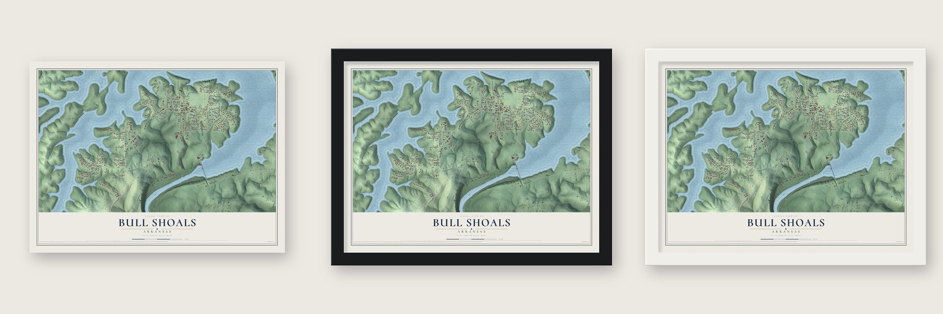 Bull Shoals, Arkansas map unframed, in a black wood frame and in a white wood frame