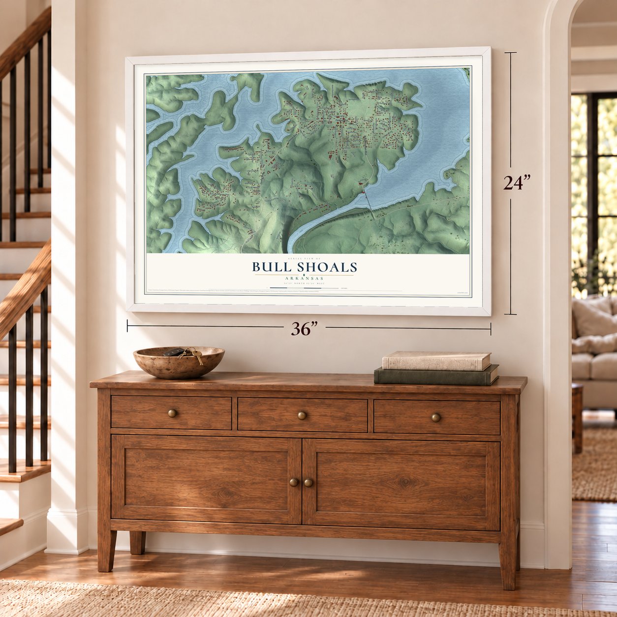 Bull Shoals, Arkansas map, 24 x 36 inch print in a white frame above a dresser by a staircase