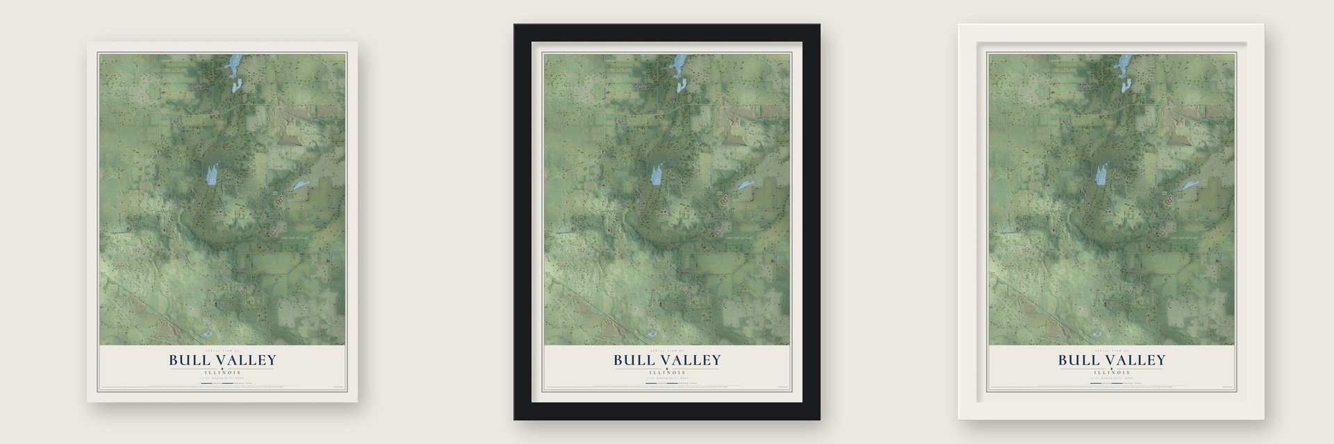 Bull Valley, Illinois map unframed, in a black wood frame and in a white wood frame