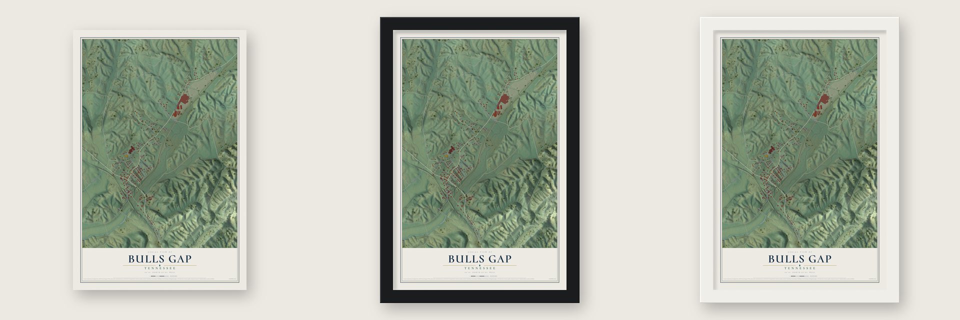 Bulls Gap, Tennessee map unframed, in a black wood frame and in a white wood frame