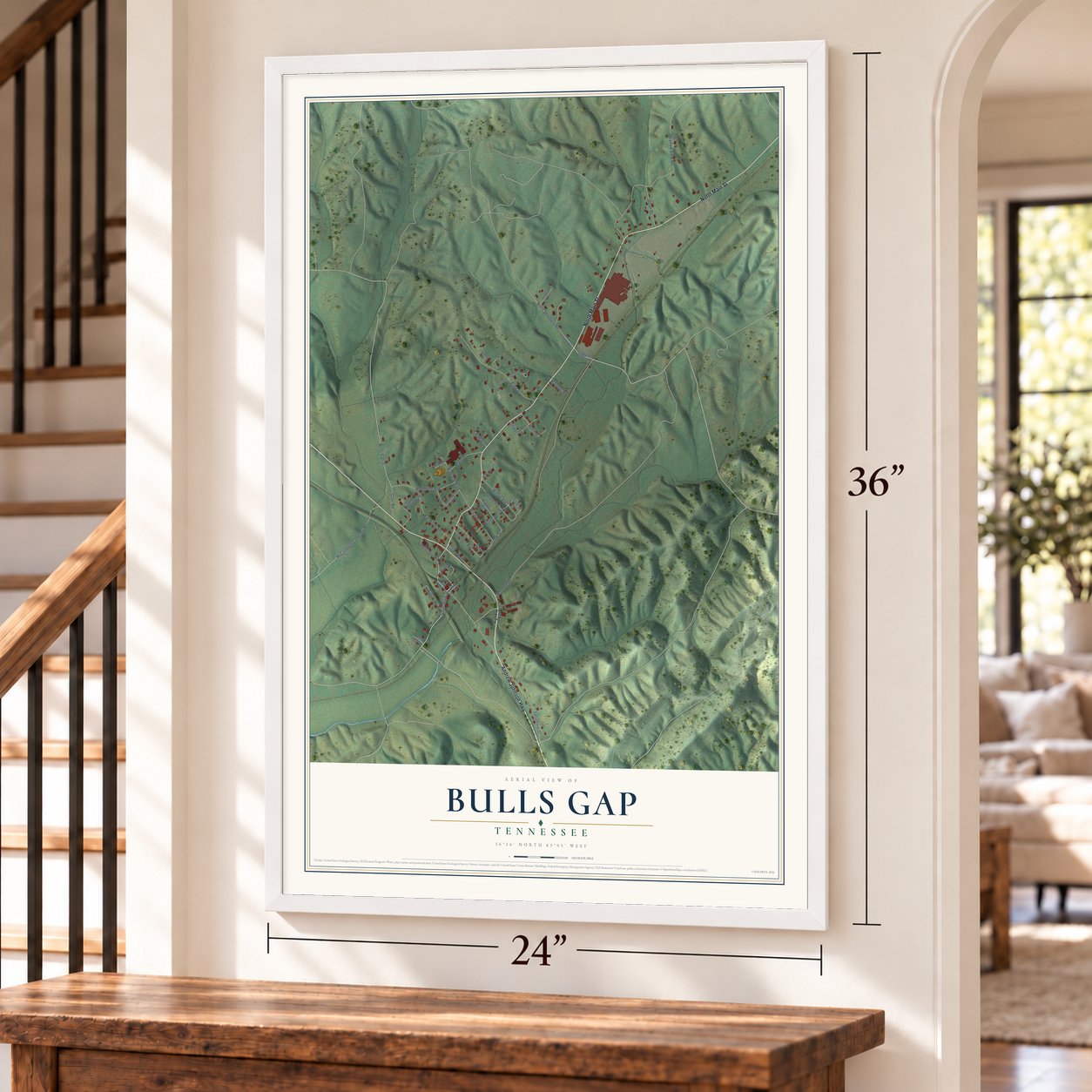 Bulls Gap, Tennessee map, 24 x 36 inch print in a white frame by a staircase