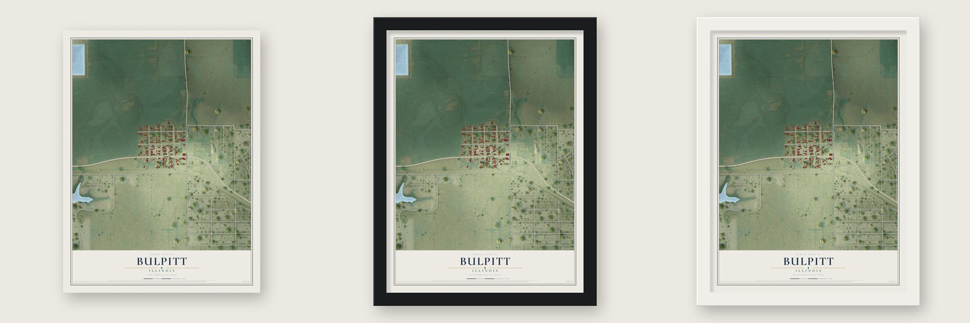 Bulpitt, Illinois map unframed, in a black wood frame and in a white wood frame