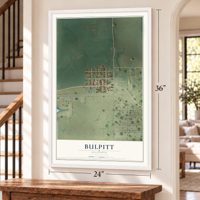 Bulpitt, Illinois map, 24 x 36 inch print in a white frame by a staircase