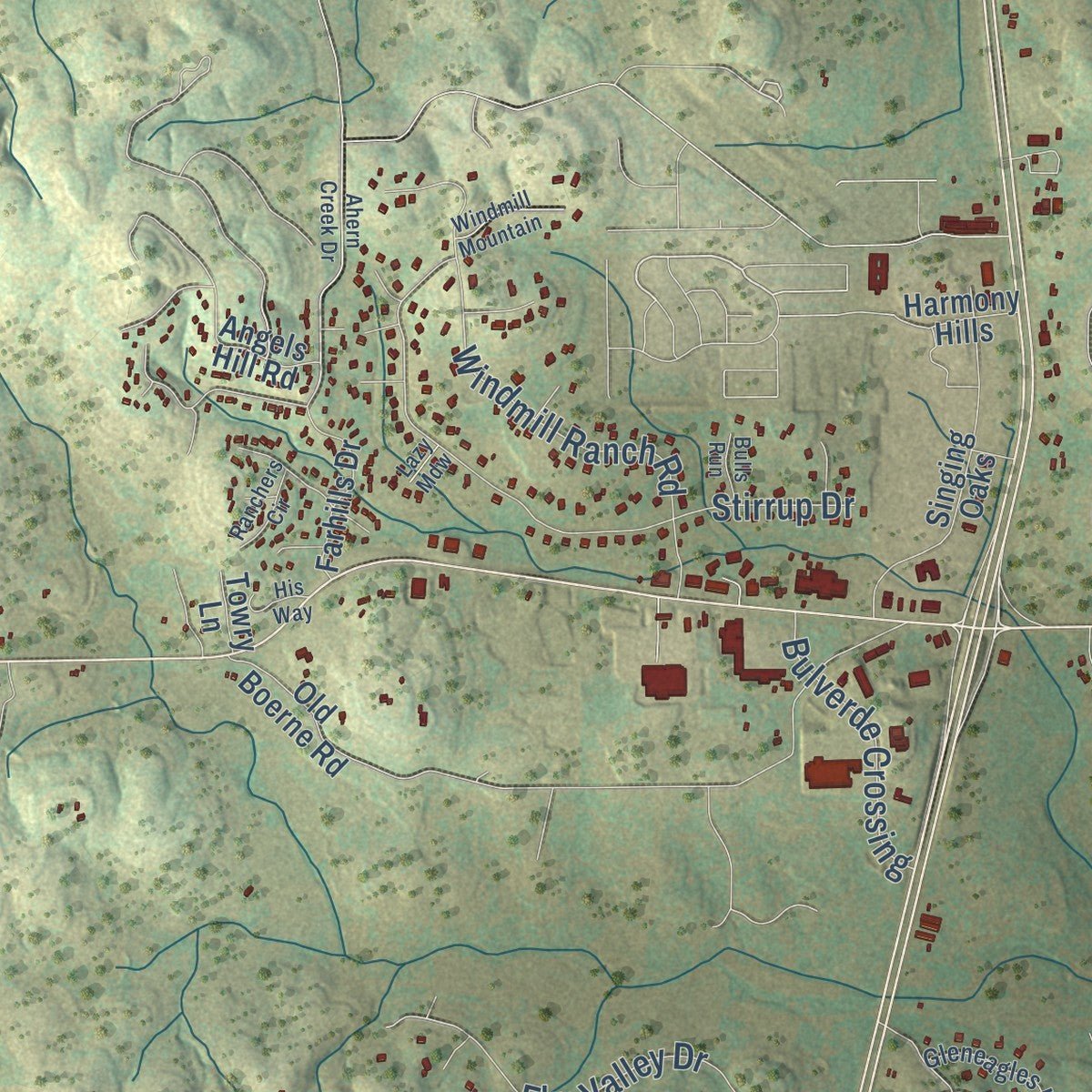 Second close-up of the map of Bulverde, Texas print showing more streets and buildings