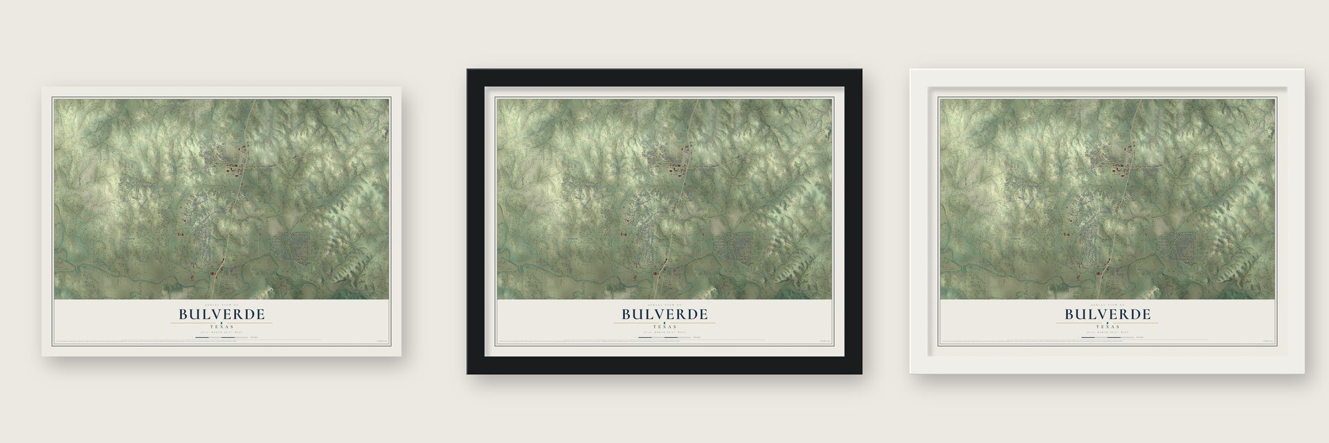 Bulverde, Texas map unframed, in a black wood frame and in a white wood frame