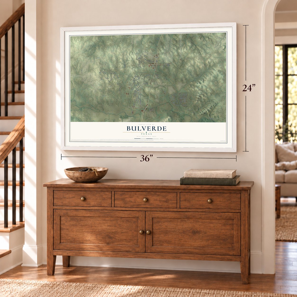 Bulverde, Texas map, 24 x 36 inch print in a white frame above a dresser by a staircase