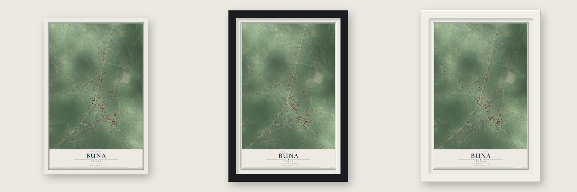 Buna, Texas map unframed, in a black wood frame and in a white wood frame