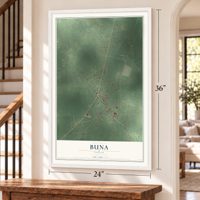 Buna, Texas map, 24 x 36 inch print in a white frame by a staircase