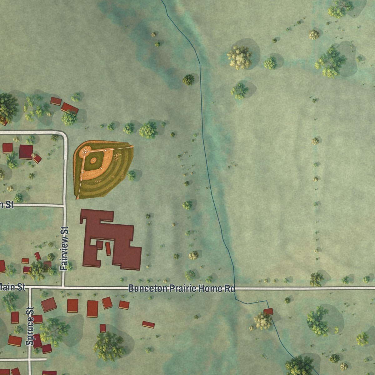 Second close-up of the map of Bunceton, Missouri print showing more streets and buildings
